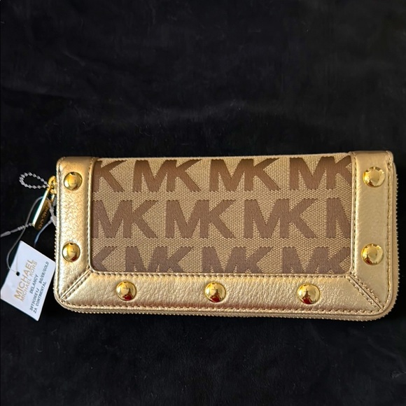 New Michael Kors Delaney Gold &Brown Wallet Luxe Metallic Accents - Picture 1 of 8